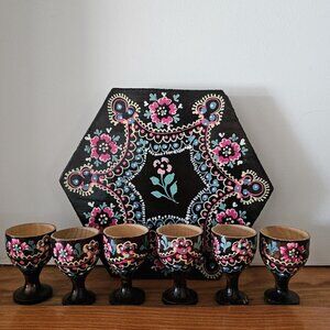Vintage Ukrainian Hand Painted Folk Art Glasses and Tray Set